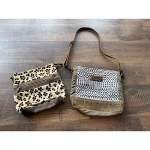 Myra‎ Bag Leopard Print Hair On Hide Canvas Leather Crossbody Bag Purse